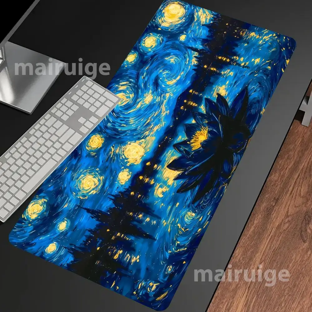 

Starry Sky Lotus Mouse Pad Large Computer Office Game Table Mat XXL Rubber Anti-slip Stitched Edges Keyboard Mats Long Desk Pads