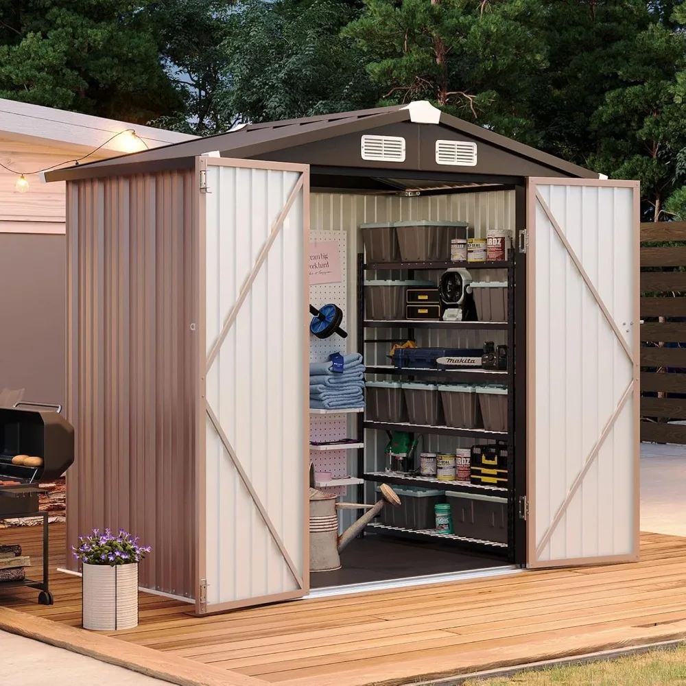 

6x4 Galvanized Steel Outdoor Storage Shed with Floor, Features a Floor, Double Doors, 15mm Moisture - Flooring, Ventilation - P