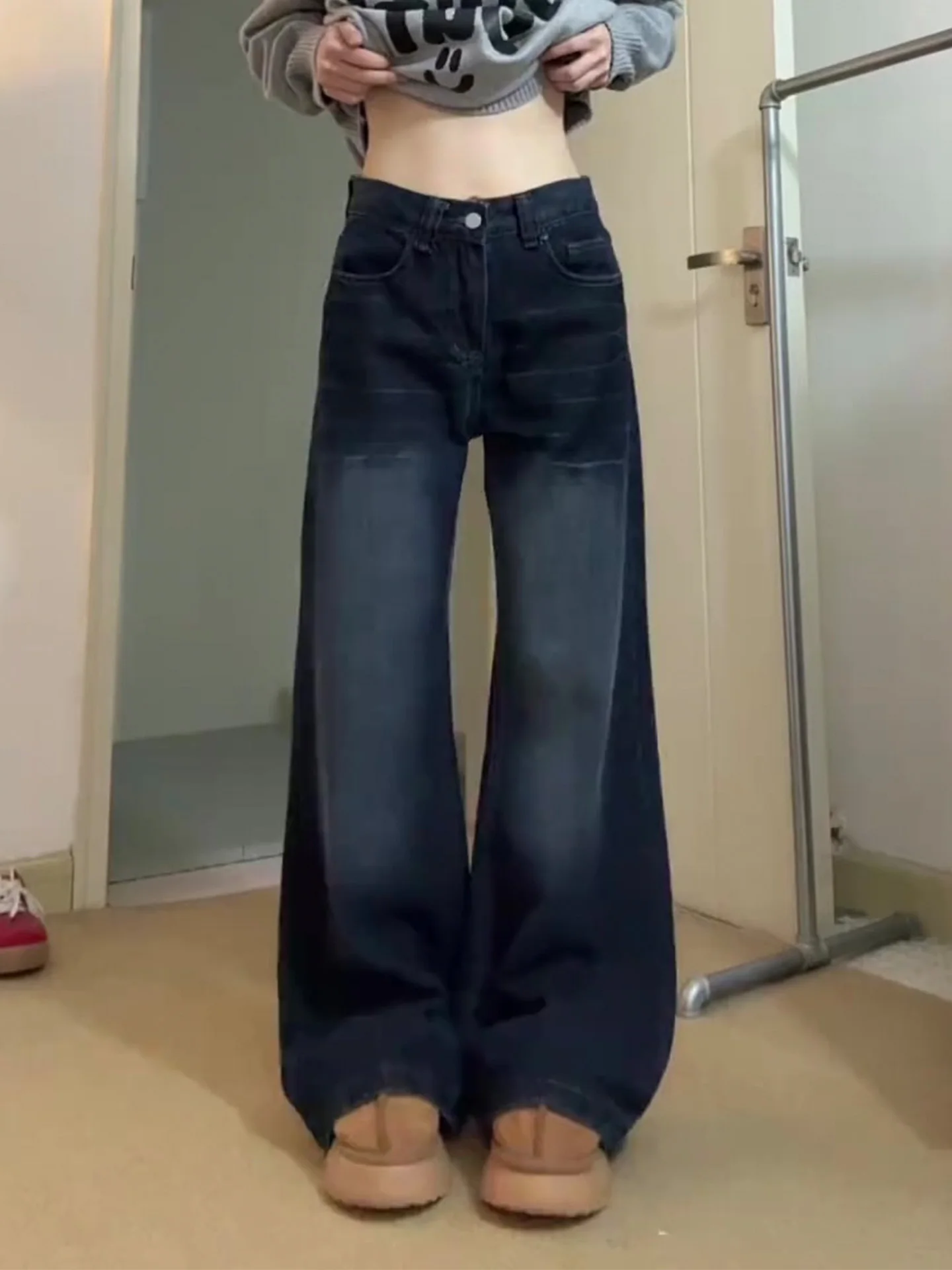 

High Waist American Style Deep Blue Women's Jeans Straight Leg Slimming Floor-Length Retro Long Trousers Spring 2026 New Arrival