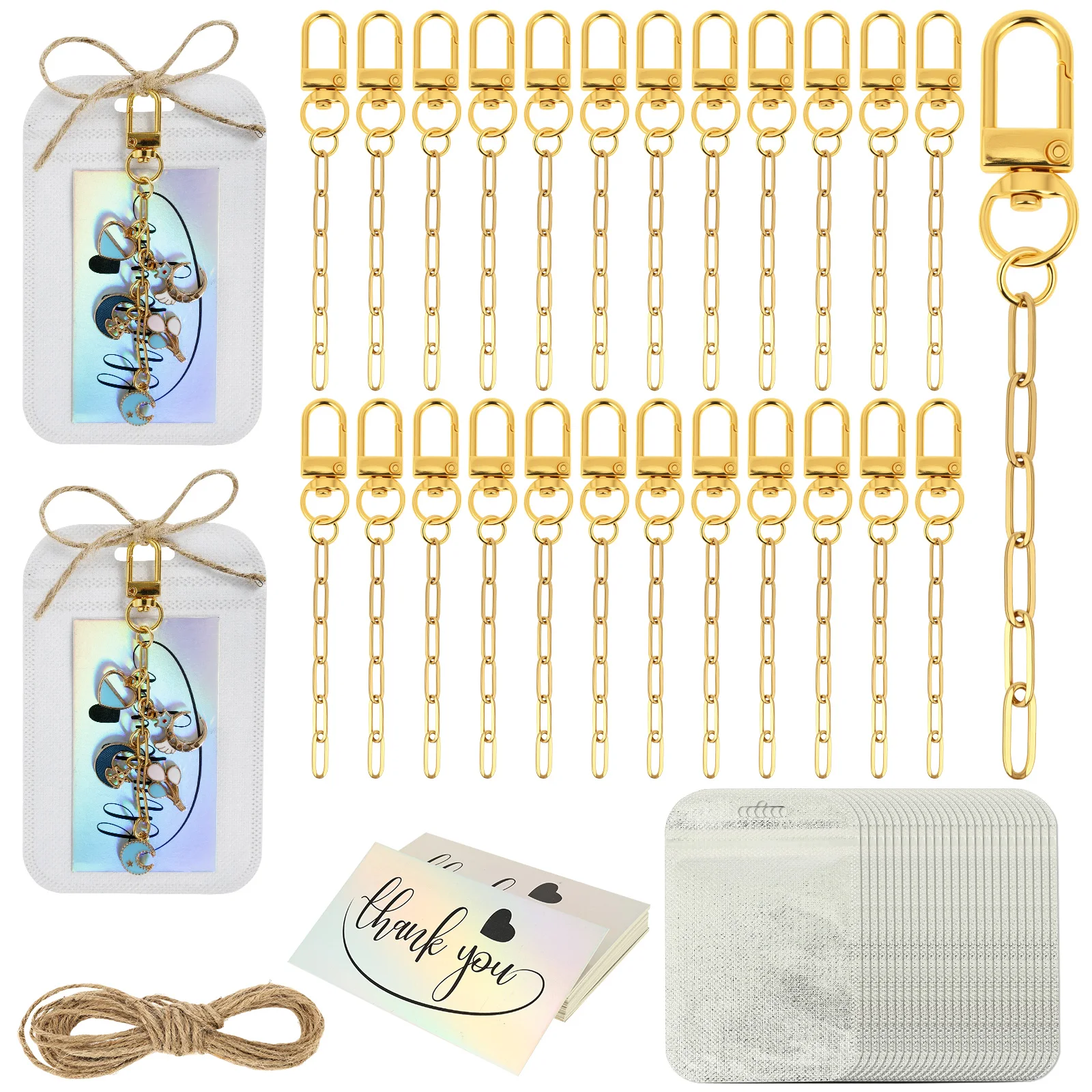 

25 комплектов блеска для губ, набор для изготовления золотых брелоков, зажим для ключей, удлинитель цепи, сумка для подарков, благодарственная открытка, 5 м/16,4 фута, брелок для ключей, кулон