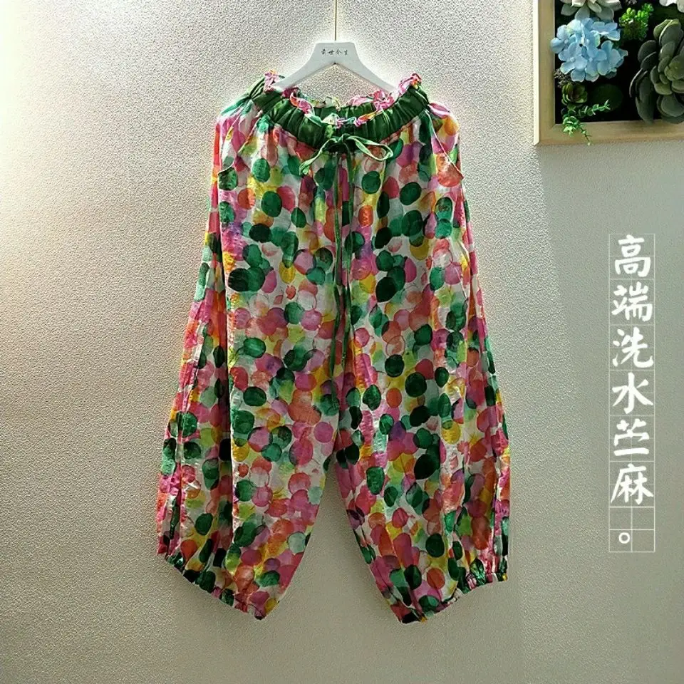 

Autumn Women's Ethnic Style Cotton Linen Print Loose Lantern Pants