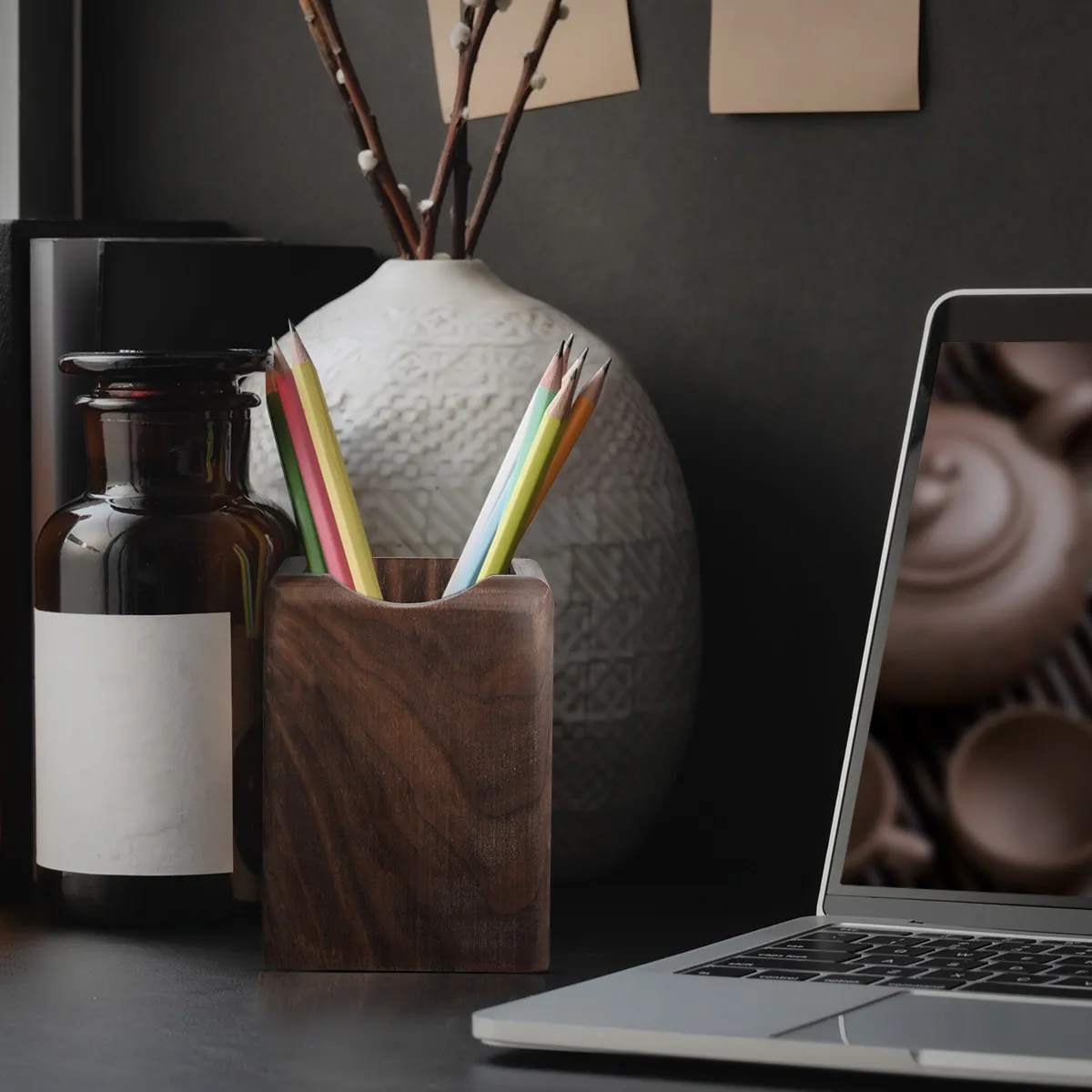 Natural Wood Pen Holder Premium Desktop Organizer Eco Friendly Black Walnut Storage Box for Pens Pencils Makeup Utensils Desk