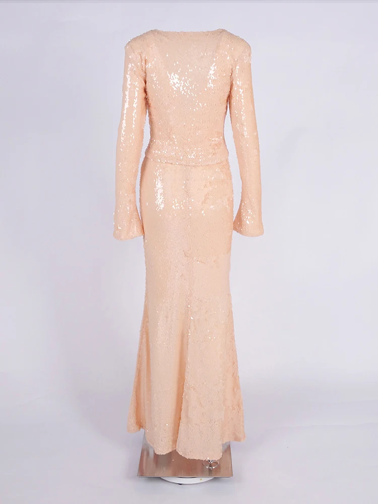 Ensemble deux pièces Sexy pour femmes, paillettes marron, manches longues, col en v, haut et jupe évasée, robe d'été, robe de soirée formelle, 2025