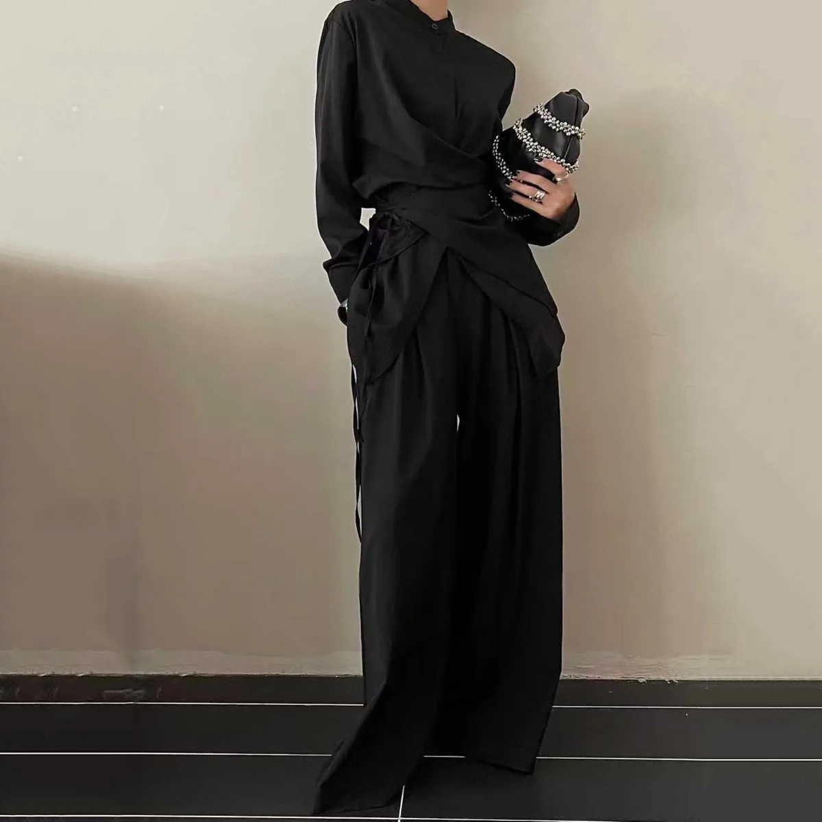 CiCi 2025 مجموعة ملابس النوم المستدامة الجديدة للنساء رابطة عنق مستديرة الخصر السراويل المستقيمة المشتركة ملابس مكتب الحد الأدنى #4