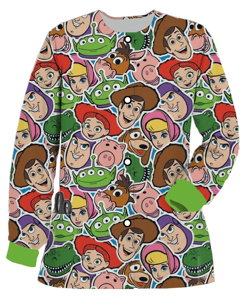 가을, 겨울 새 카디건 자켓 디즈니 버즈 라이트 이어 인쇄 여성 긴 소매 간호사 유니폼 의료 수술복