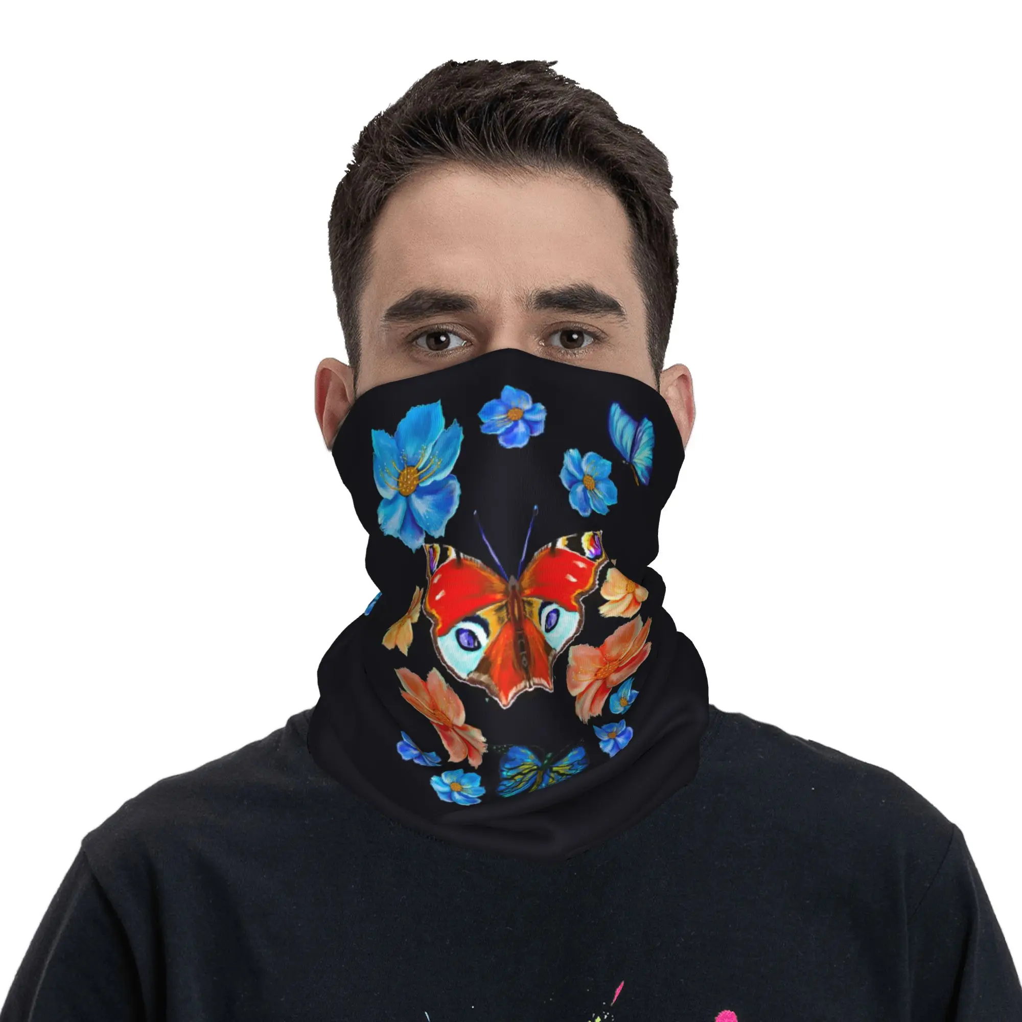 

Butterfly with flowers Blue and Orange Bandana Neck Cover Printed Wrap Scarf Face Mask Hiking Fishing Unisex Adult Winter