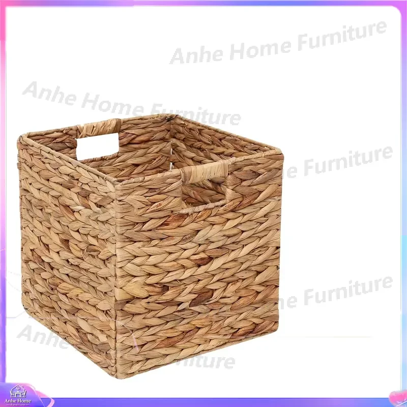 Modern Foldable Water Hyacinth Storage Basket Rectangular Hand Woven Laundry Hamper Organizer Bin for Home Bedroom Closet