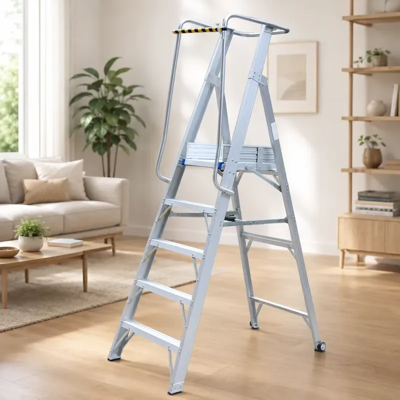 Aluminum Platform Ladder Multi-Purpose Folding Step Ladder Safety Rail Wheels CE Certified 150kg Capacity Modern Staircase