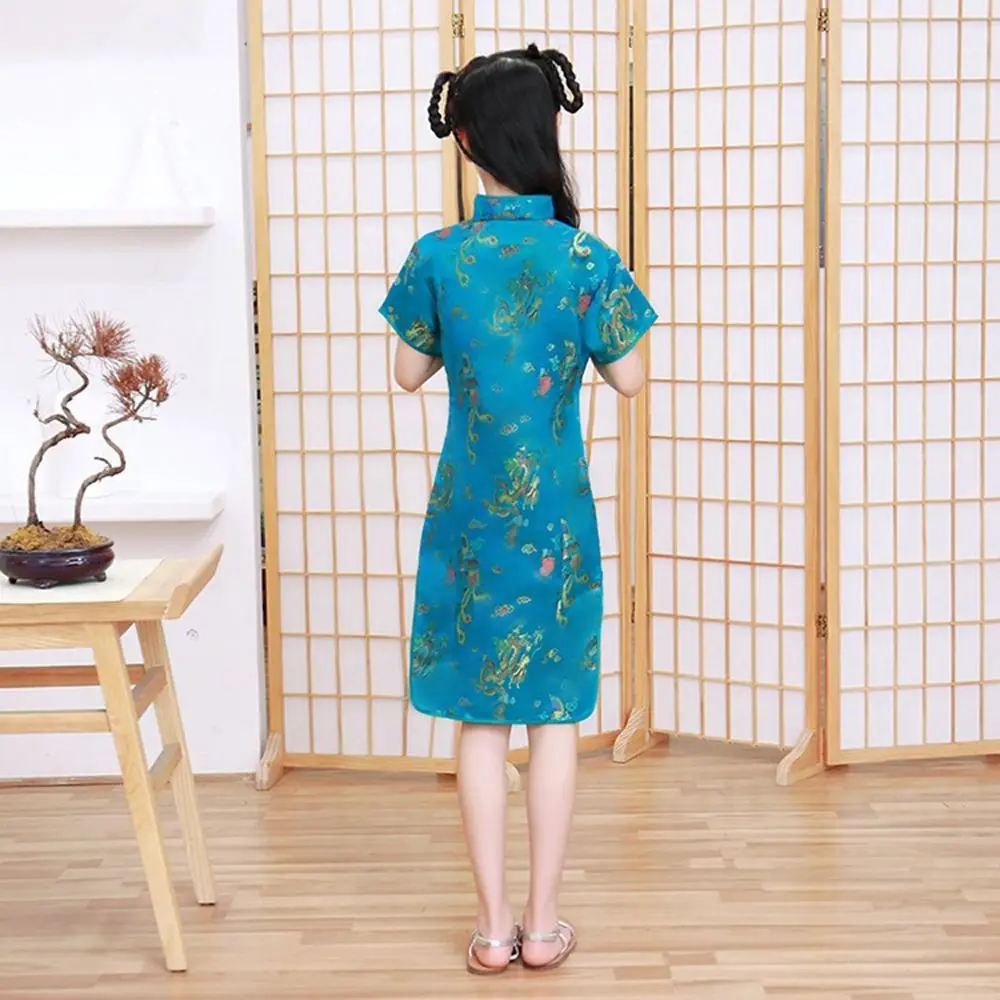 Dragon Phoenix Pattern Silk Comfortable Chinese Style Dress Girls Skirt Kids Traditional Dress Qipao Girls Cheongsam DIY