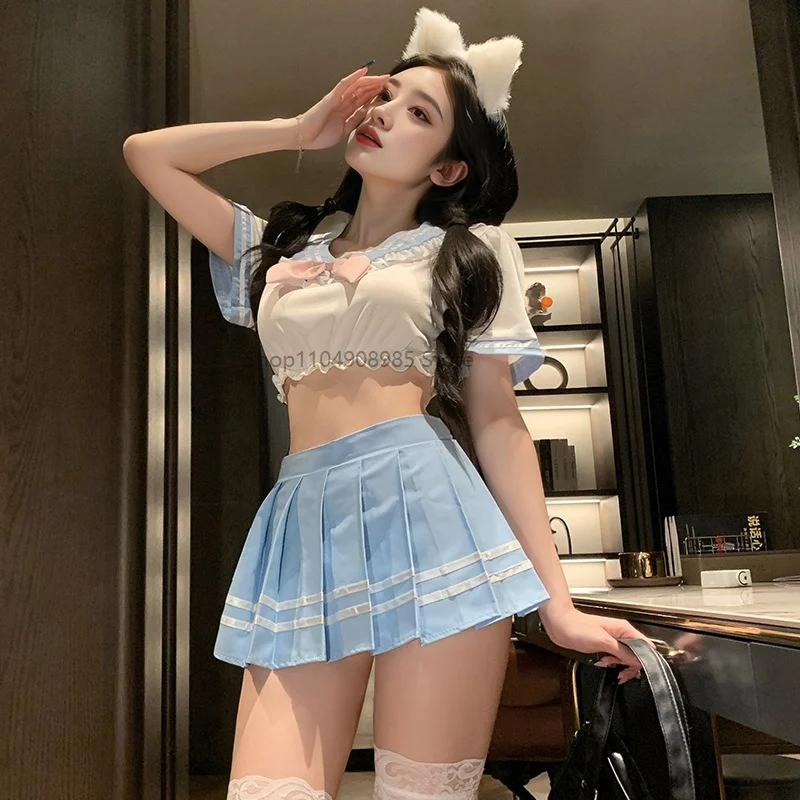 

Japanese Women Sexy Lingerie Schoolgirl Cosplay Costume Lolita Uniform Mini Skirt Tight Blouse Set College Girl Anime Temptation