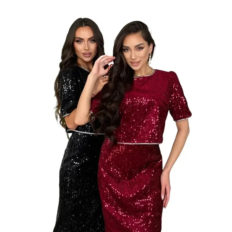 

African Dresses For Women Two Piece Set Sequin Tops And Skirt Suit Clothing Dashiki Party Traditional Robe Ankara Outfits Kaftan