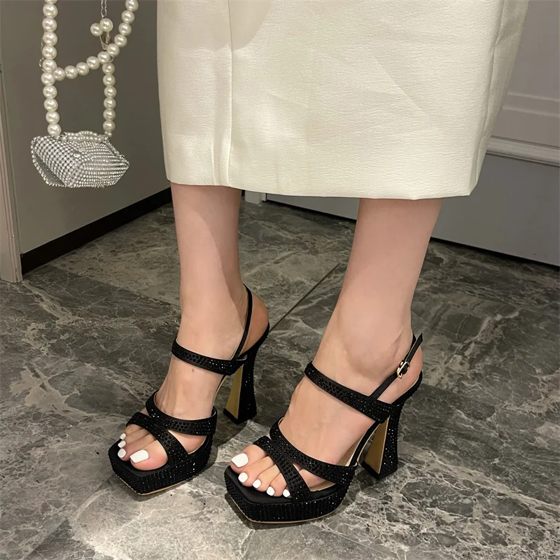 

Square Toe Platform Rhinestone Silk Strap Women Sandals Buckles Solid Color Stiletto High Heels Summer Gladiator Shoes For Woman