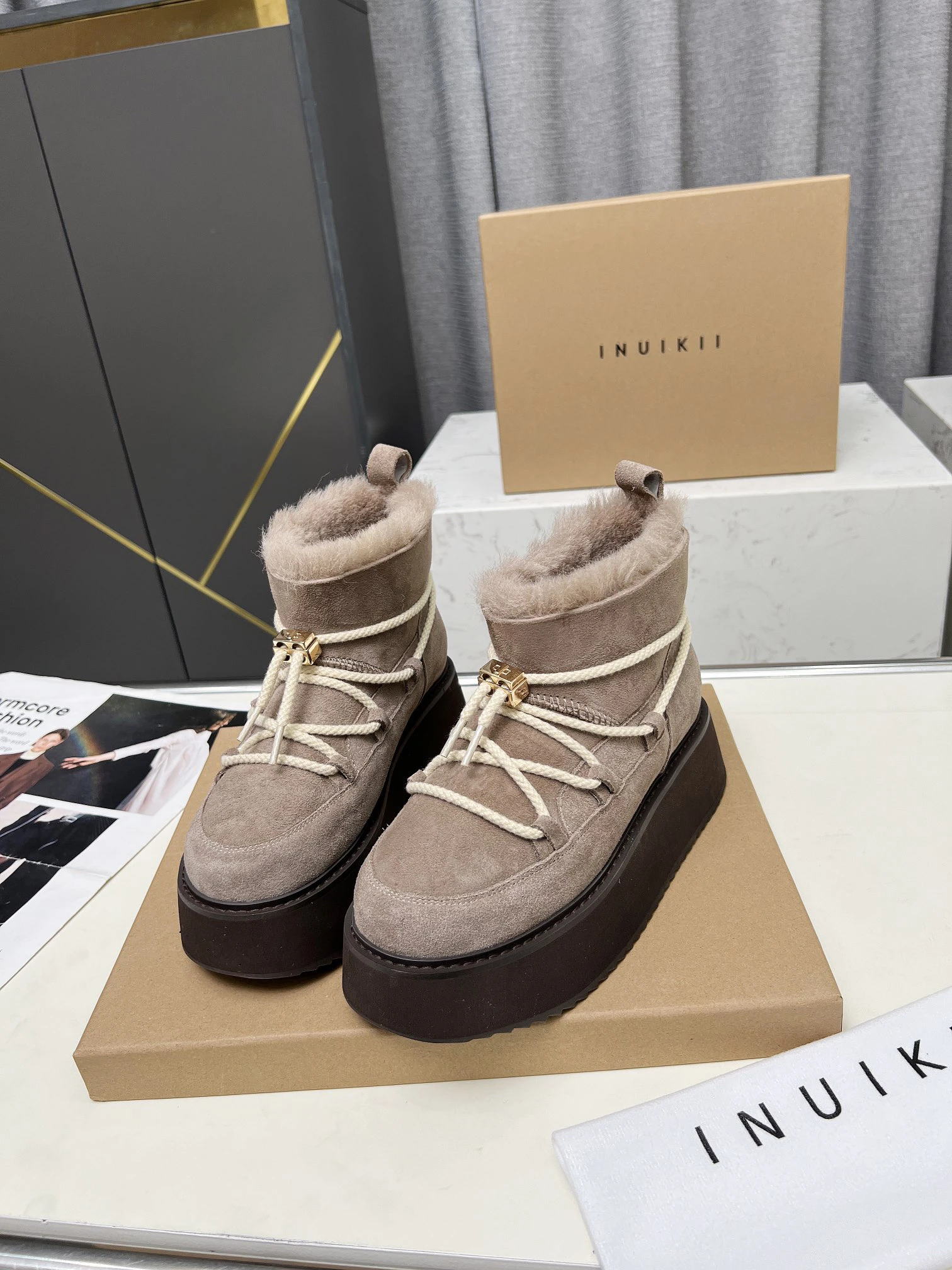 INUIKII Winter Snow Boots Woman Cow Suede Thick Sole Ankle Boots Wool Warm Flat Platform Shoes Woman Round Toe Short Boots Women