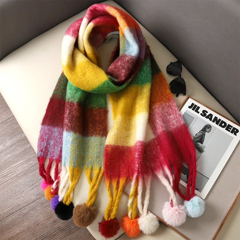 Winter Thick Warm Scarf Women Cashmere Shawl and Wraps Pashmina Neckerchief Bufanda Female Rainbow Hairy Tessel Echarpe New