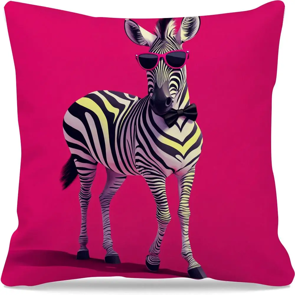 1pcs Short Plush Cool Zebra with Sunglasses & Bow Tie Pillow Cover 18x18 Inch Double Sided Print