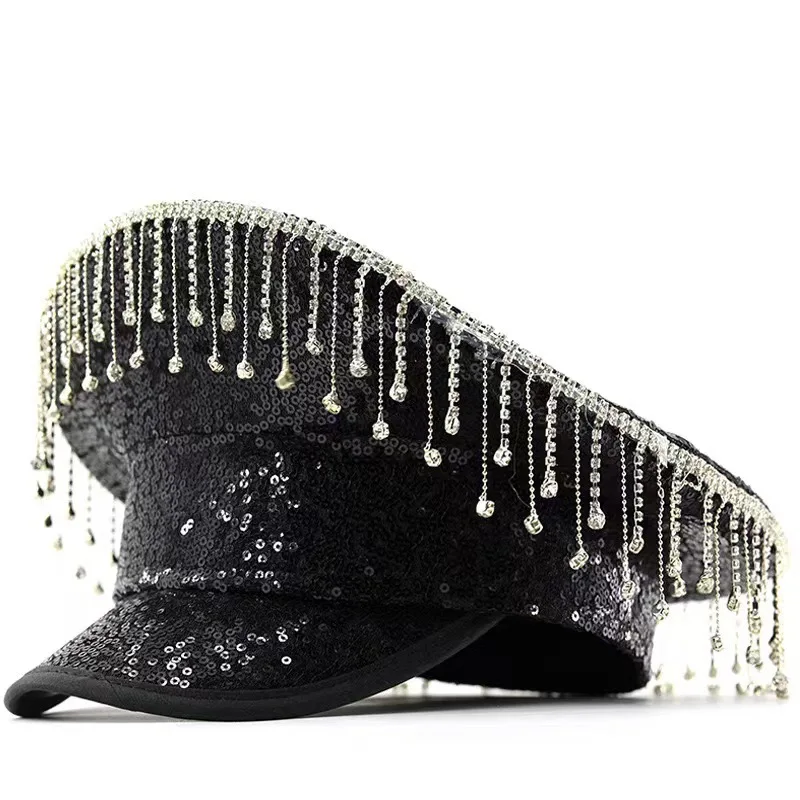 HongLuan Yellow Laser Leather Loop Captain Hat Rhinestone & Military Caps for Woman, Rave Festivals Accessories ＆ Party Cap Man