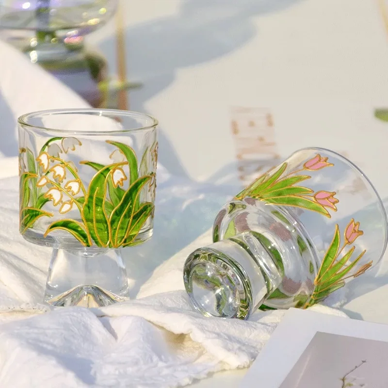 

Tulip Glass Tall Milk Glass Juice Ice Cream Glass Whisky Glass Hand-painted Cubic Flower Anti-scald High Temperature Resistant