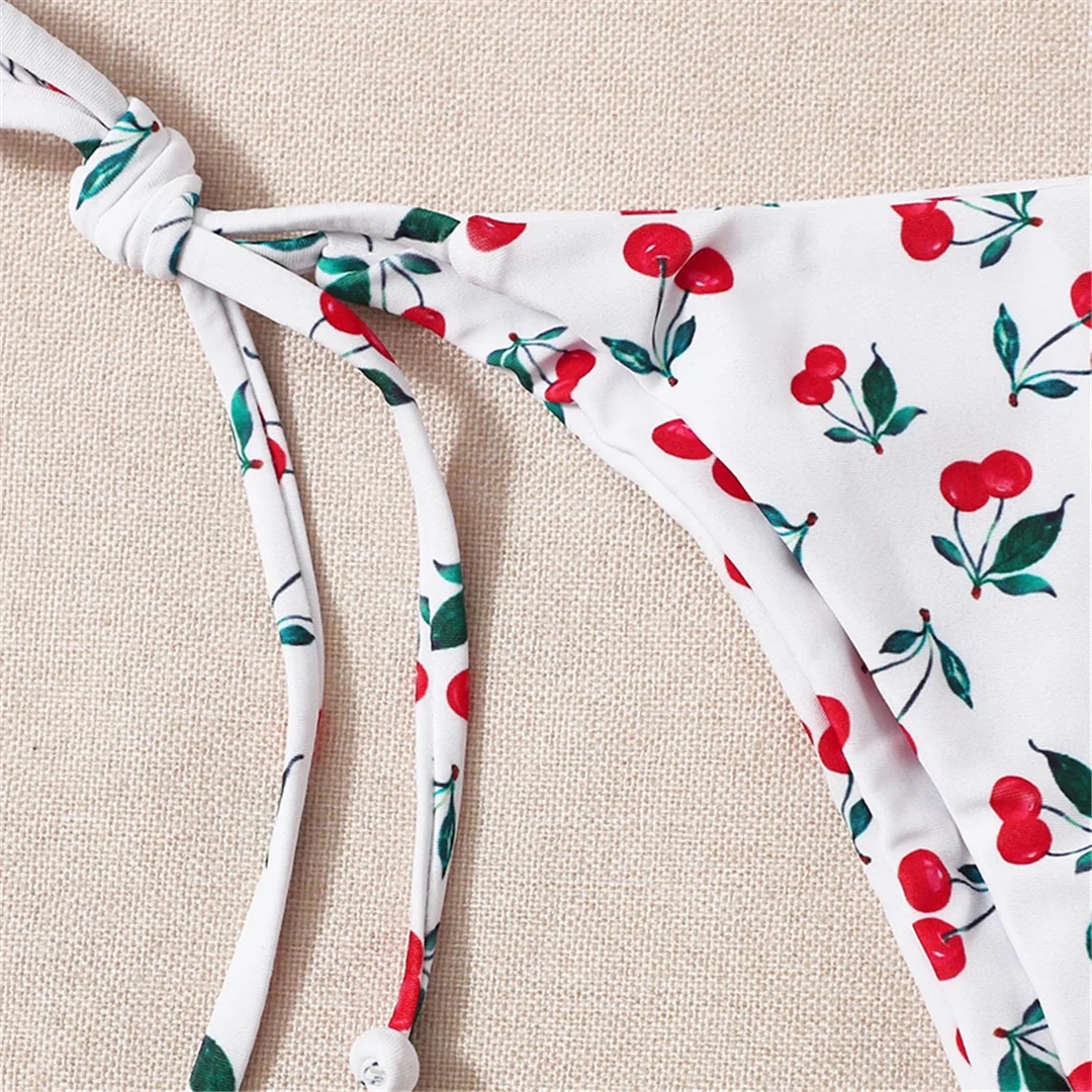 XS - L Cherry Print Neckholder-Bikini mit Trägern, Damen-Badeanzug, zweiteiliger Bikini-Set, Badebekleidung, Badeanzug, Schwimmbekleidung V4894 – Detail 12