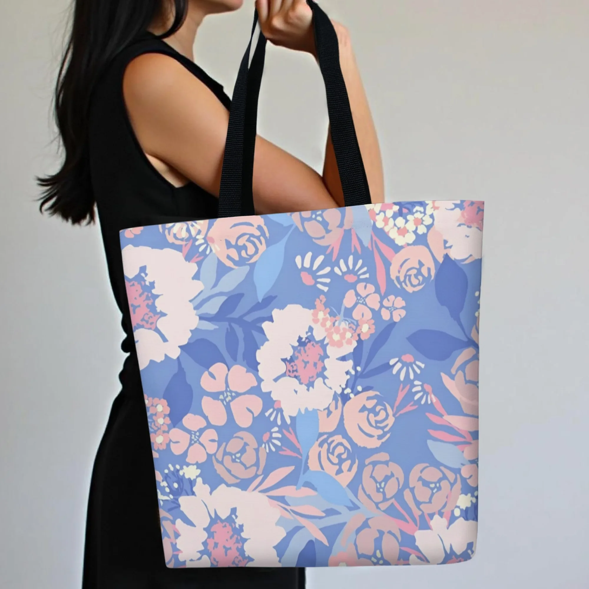 Gentle and Soothing Watercolor Floral Canvas Tote Bag Blue Base Gentle and Artistic Style Daily Study Commuting Shoulder Bag