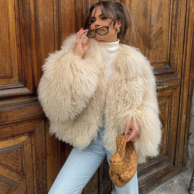 BJTZ Autumn Winter New Warm Faux Fur Coat for Women Short Style Sheepskin Long Hair Street Cardigan Jacket