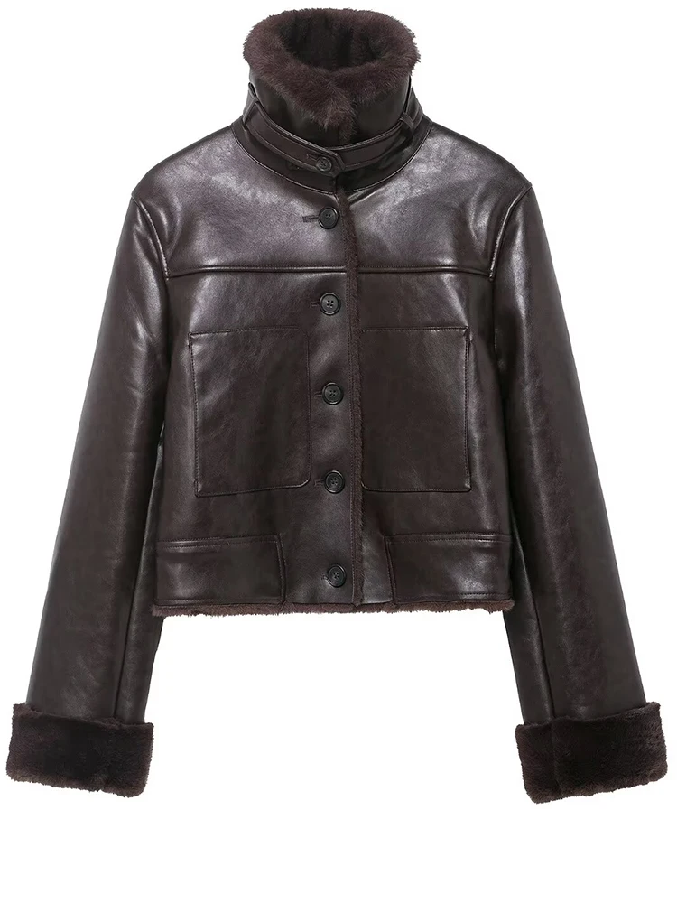 Chaqueta de una pieza de piel para mujer, chaquetas cortas de cuero con botones de manga larga para otoño e invierno, prendas de vestir exteriores de ocio para mujer 2025