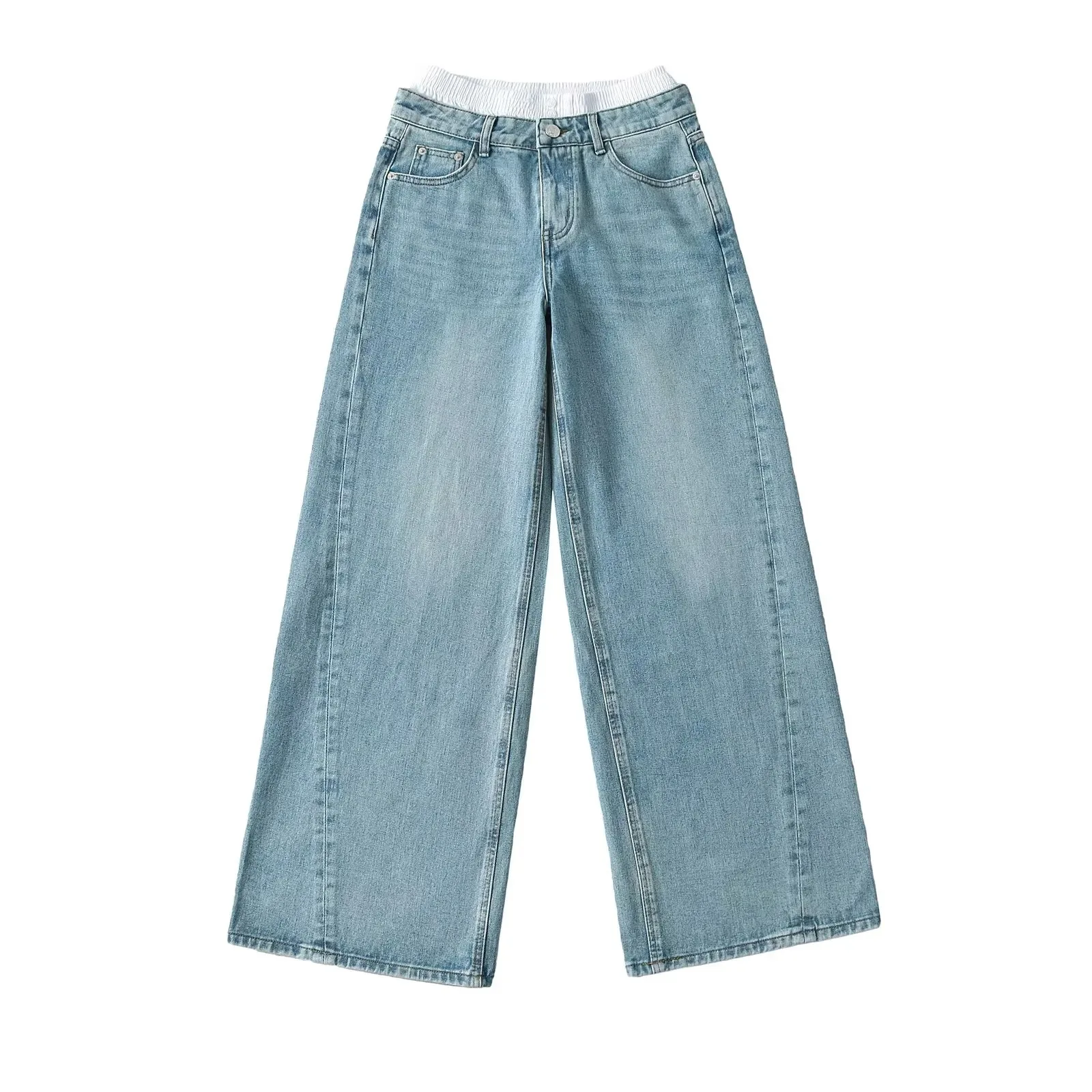 Pantalones vaqueros con diseño de bloqueo de retazos de calle, pantalones vaqueros elegantes de pierna recta, holgados, de pierna ancha