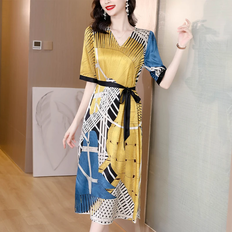 

Summer Print Silk Fashion Light V-Neck Midi Dress Women Short Sleeve Elegant Loose Casual Dress Korean Vintage Party Dress