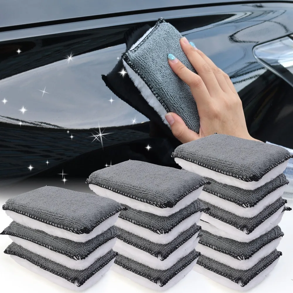 Dual-Sided Microfiber Car Wash Sponge Wipe Leather Gentle Scrubbing Pad Auto Interior Body Stain Removal Cleaning Polishing Tool