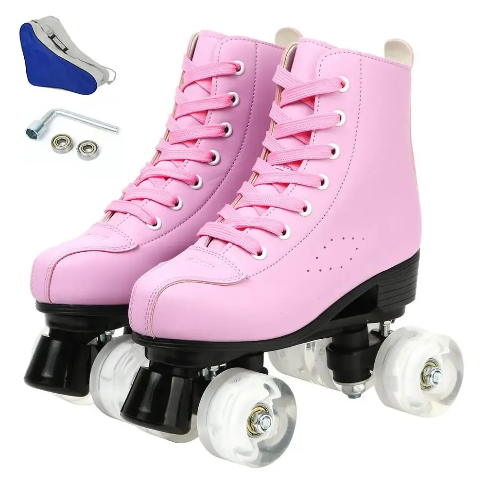 Adult PU Leather Roller Skates Skating Shoes, Quad Skates Sneakers, Europe Size, 4 Wheels Flash