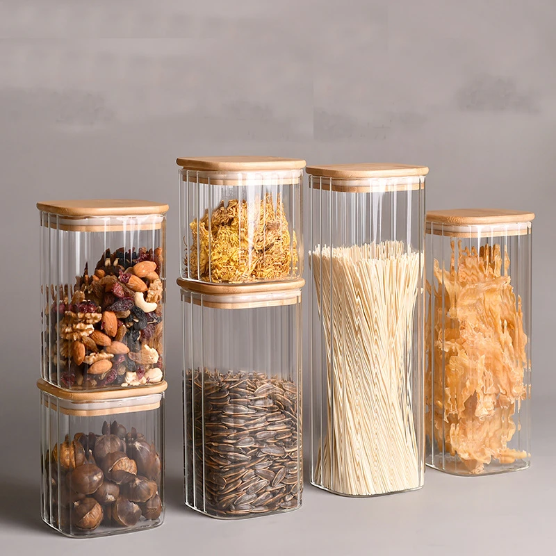 1Pcs Wood Lid Glass Airtight Canister Food Container Tea Kitchen Storage Bottles Jar Sealed Grounds Jars Organizer