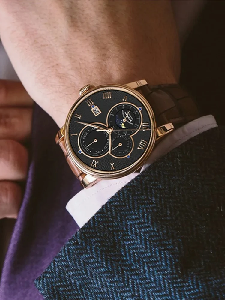 Borman Heren Automatische Horloges Luxe Heren Jurk Horloge Zelf Wind Mechanisch Horloge Mode 50M Waterdicht Saffier Maand Week - afbeelding 2