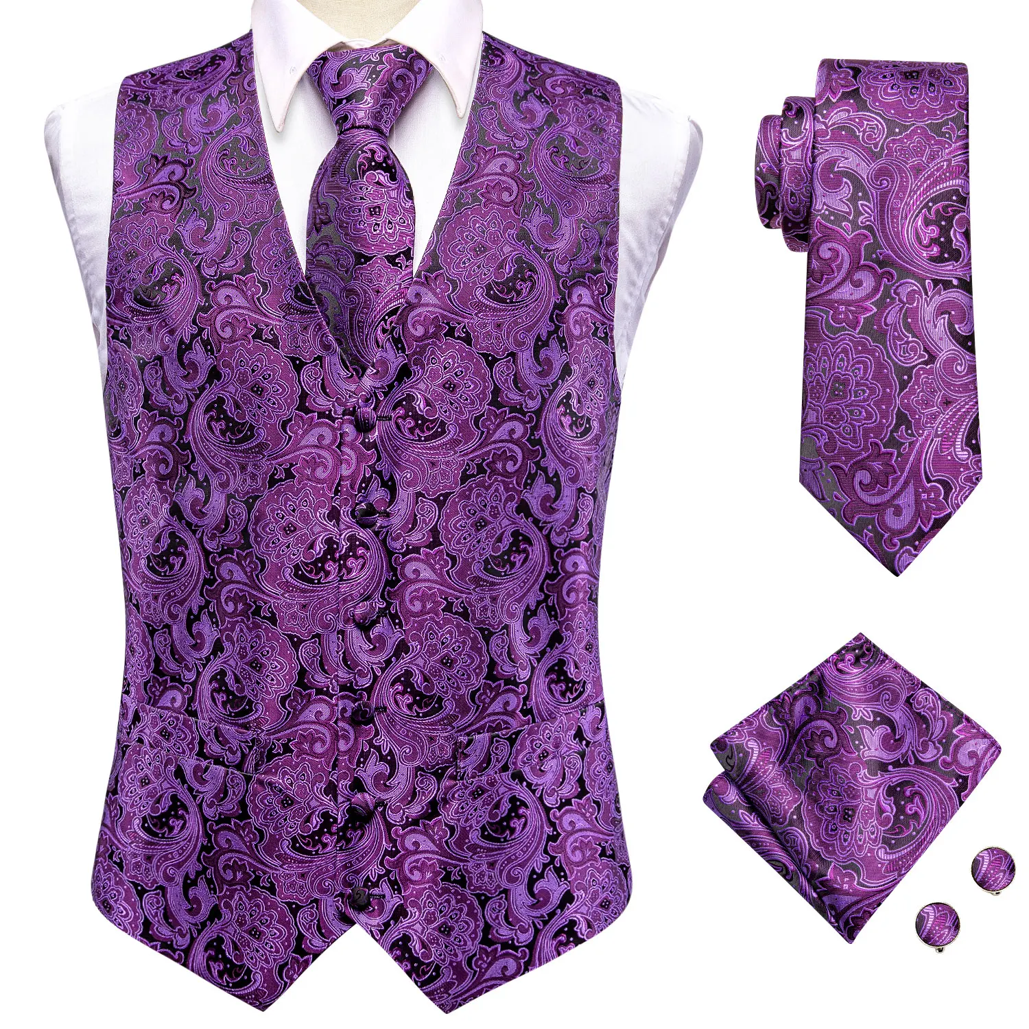 Hi-tie Mens Purple Suit Vest Paisley Silk Jacquard Slim Sleeveless Waistcot Ties Set Formal/Leisure 4PCS Business Party Wedding