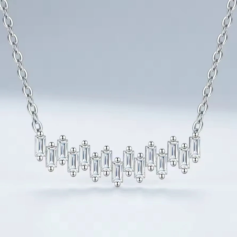 Emerald Cut Moissanite Curved Bar Necklace for Women 925 Sterling Silver Diamond Smile Pendant Necklace Jewelry