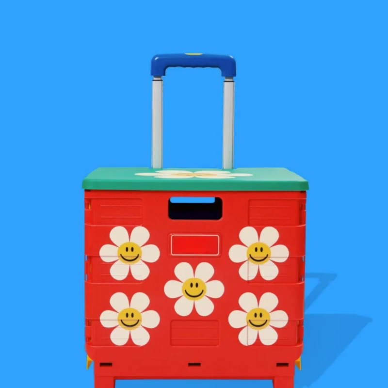 

New Smiley Face Flower Storage Cart Home Express Cart Folding Shopping Cart Portable Grocery Shopping Trailer Household Products