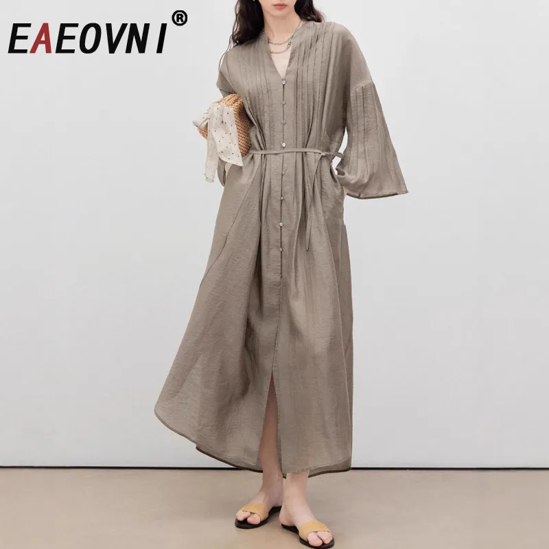 

EAEOVNI Casual V Neck Long Dress For Women Folds Flare Sleeve Lace-up Gathered Waist Dresses Fashion 2025 New Clothing 1A1171