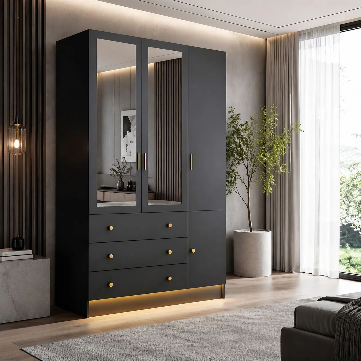 75” Tall Wardrobe Closet with 3 Doors & 3 Drawers, Modern Armoire with Mirror & LED Lights, Wooden Armoire Wardrobe