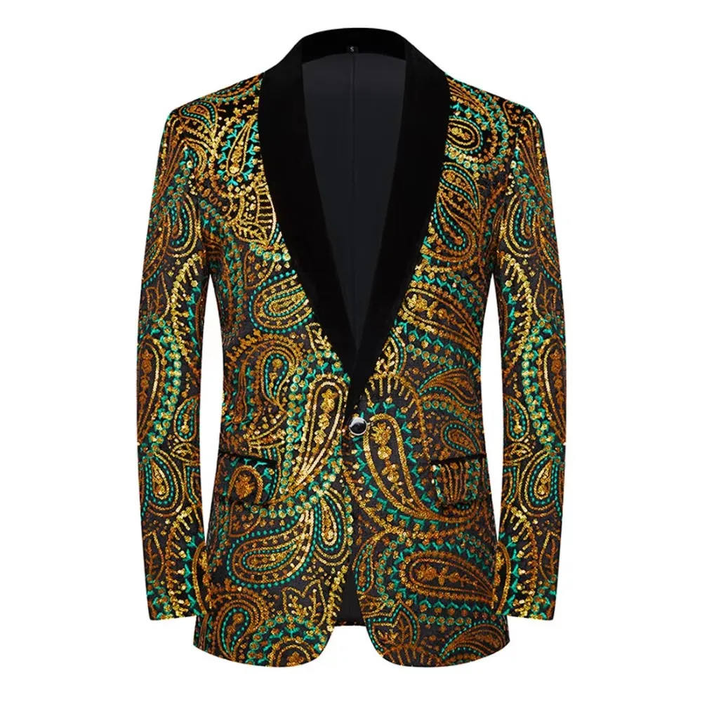 Men's Luxury Velvet Blazer Shiny Sequin Banquet Suit Jacket Wedding Banquet Tuxedo Coat Evening Party Singer Host Stage Costume