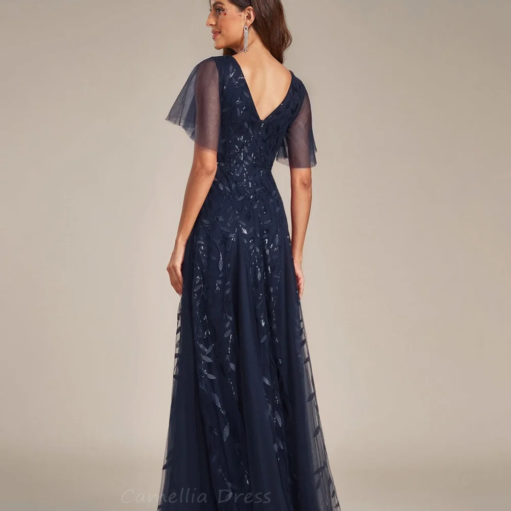 Tulle Mother Dresses V Neck Customized Appliques A Line Bride Party Dress Formal Gowns V Neck Flare Sleeve robes invitée mariage