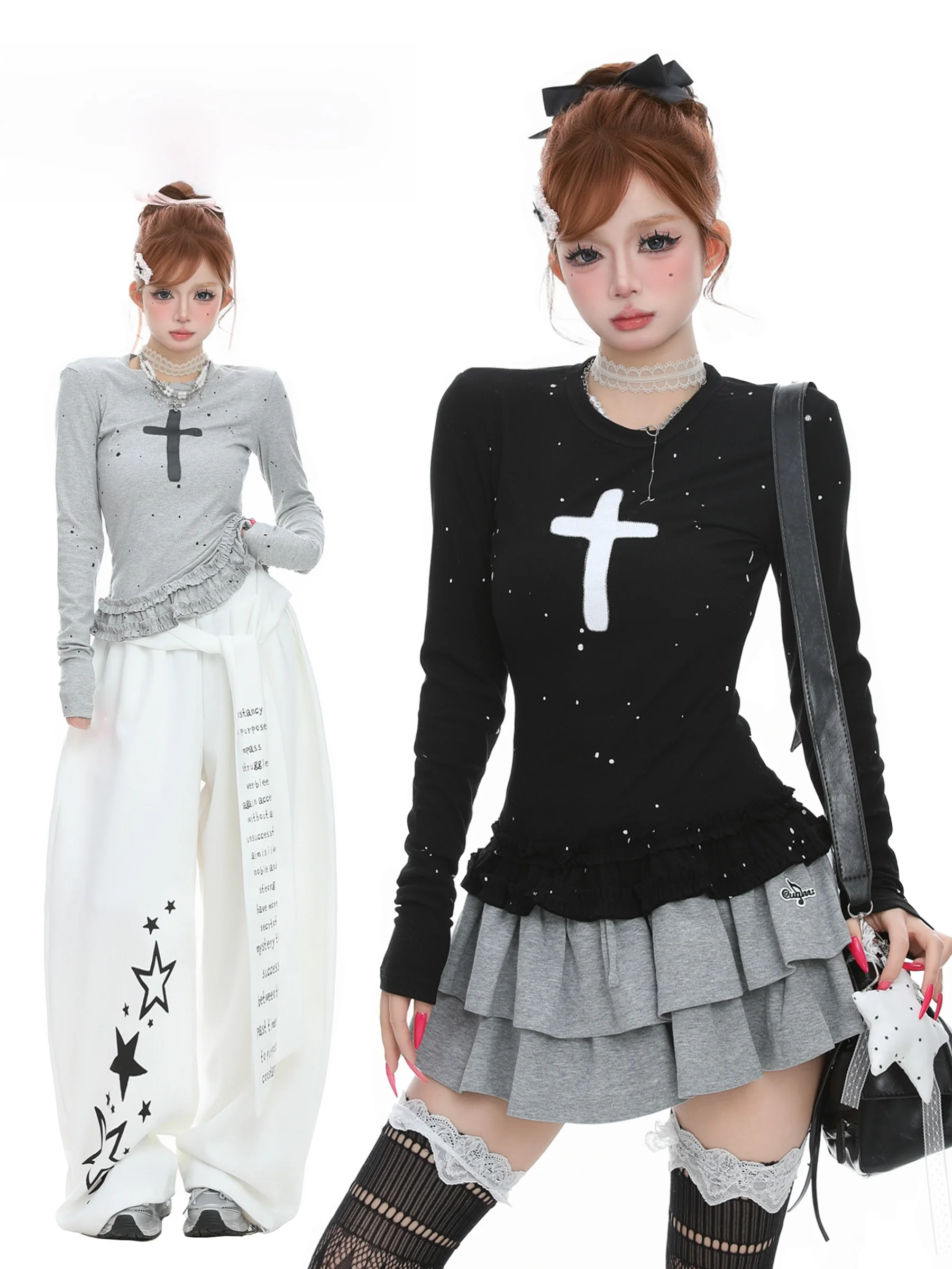 Basterds American Style Long Sleeve Polka Dot Print T-Shirt Women's Slim Fit Base Shirt Top Crossbody Fashion Cotton Blend