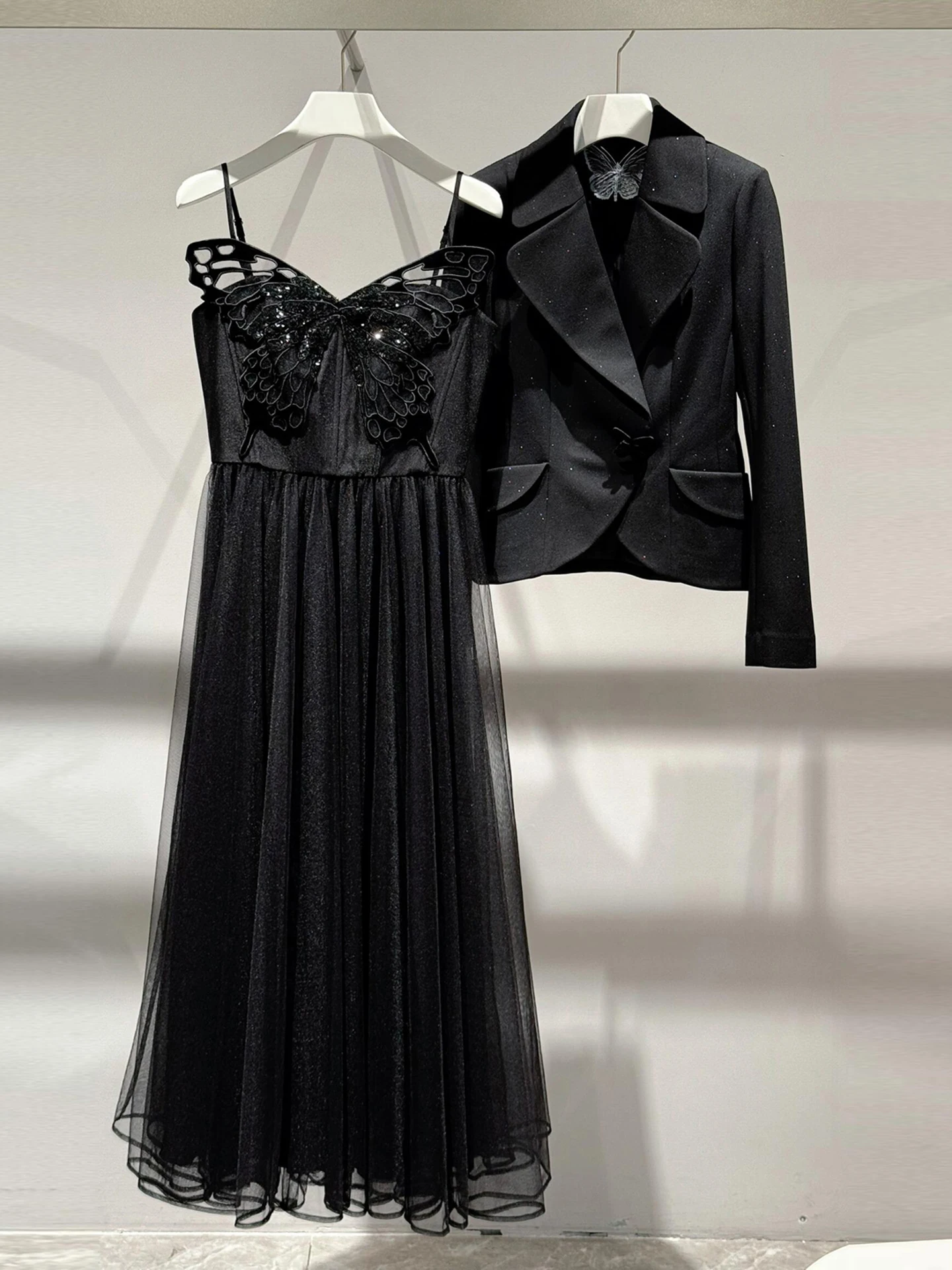 

iny Sequin Suit Jaet And Lace Strap Dr Set Women's Faion High Waist Polyester Fiber Long Sve Button up Commute Sle