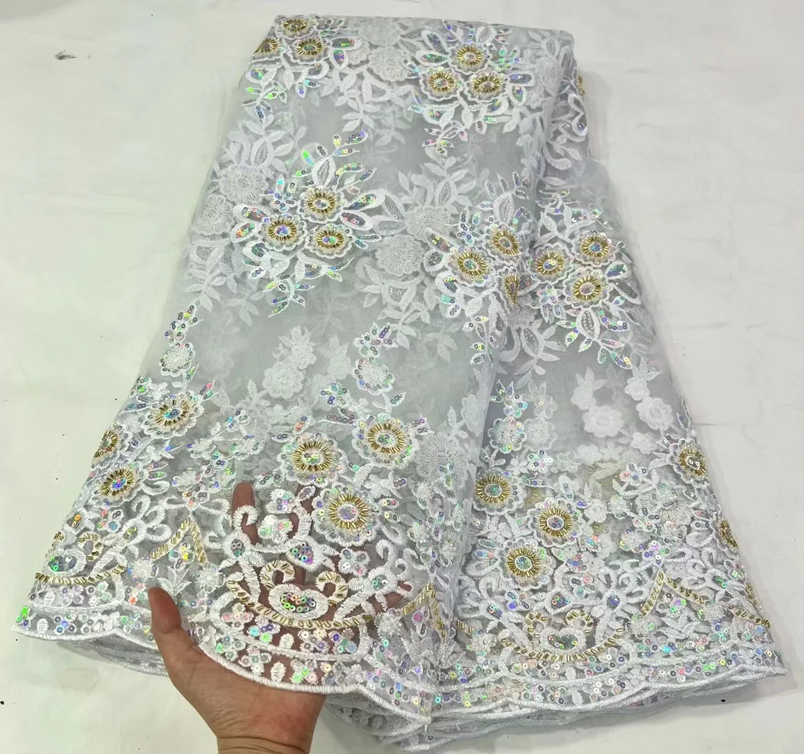 

Latest White French Lace Fabric With Beads And Sequins 2022 High Quality African Tube Beads Net Lace Fabric For Wedding LHD22215