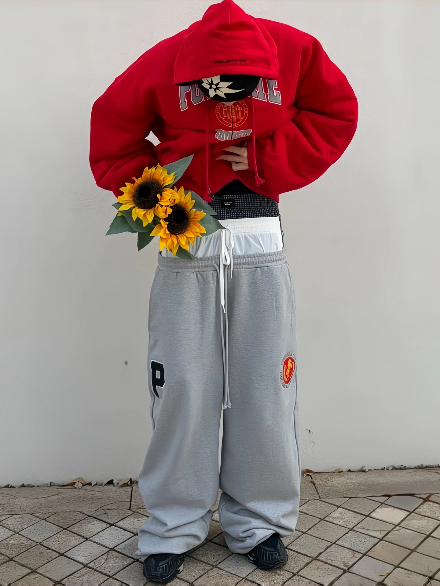 

Loose Fit Couple Sweatpants American High Street Fake Three Waist War Embroidery Protocol Index Cotton Straight Leg Pants