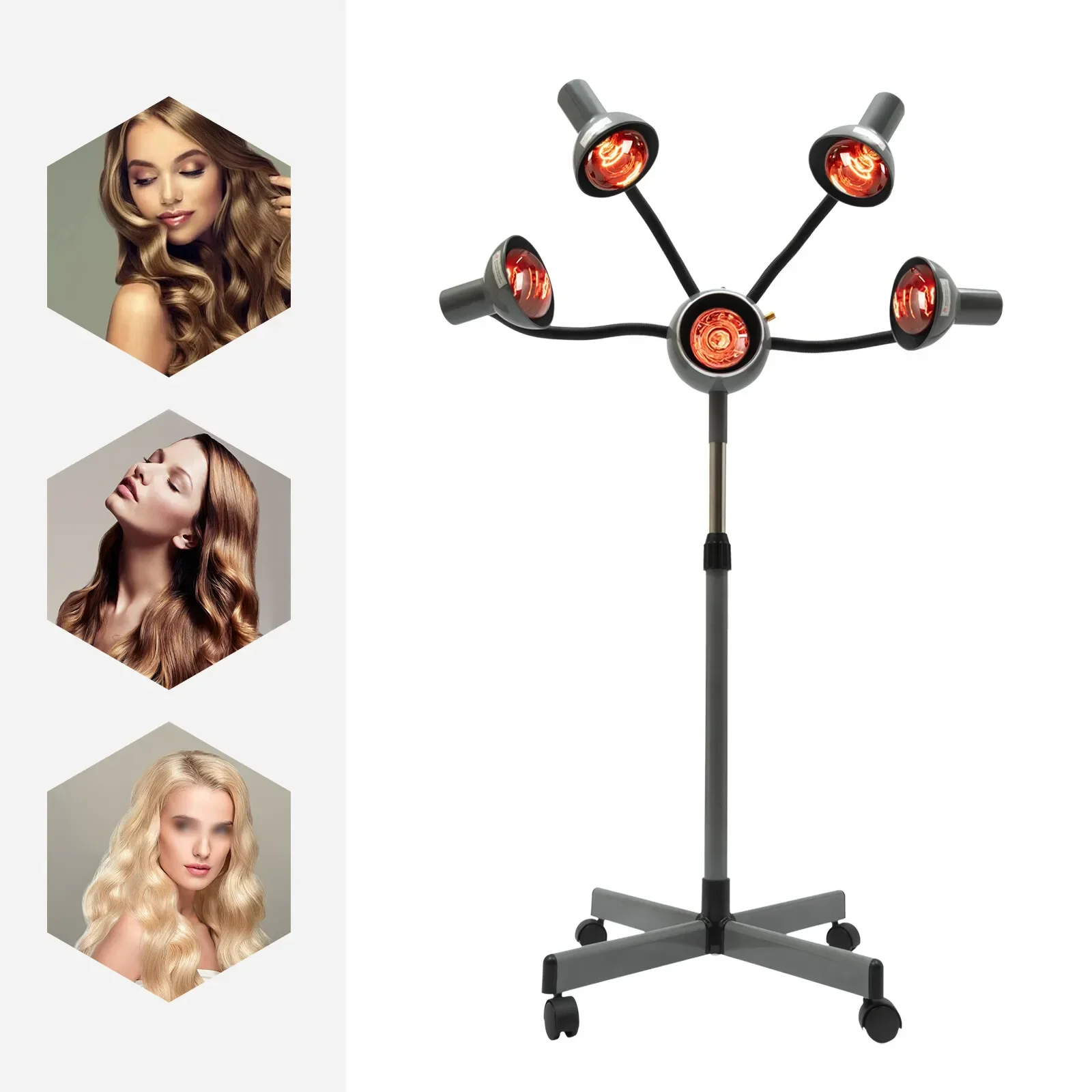 

Professional Salon Heat Lamp with Chrome Arms, Salon Hair Dryer, 5 Head Infrared Heat Lamp, Adjustable Height Perming Styling Dryer (Metal Frame, Sliver)