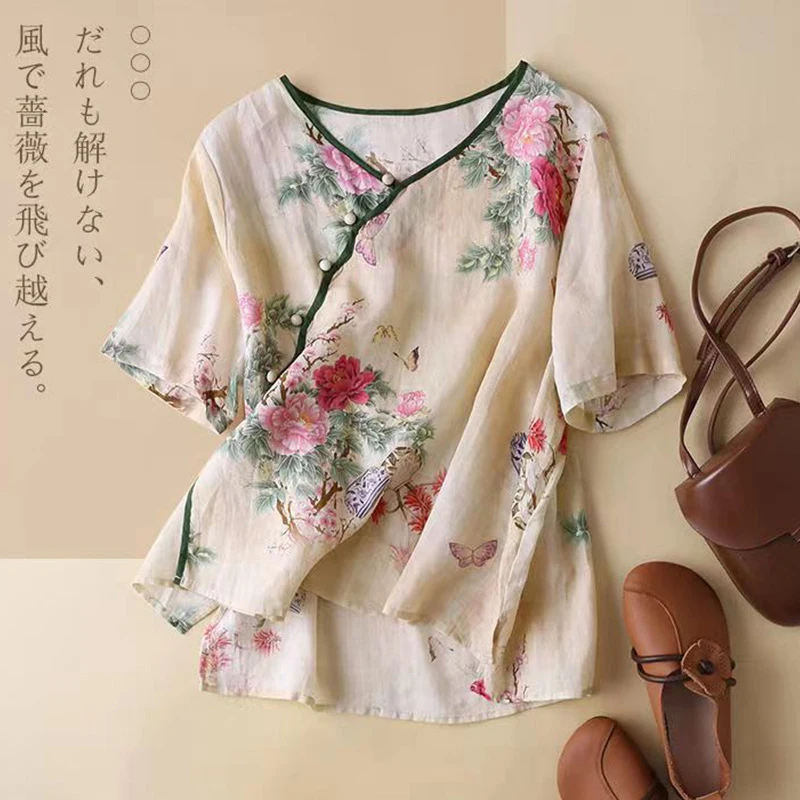 

Women Cotton Linen Casual T-Shirts New 2022 Summer Vintage Style V-neck Floral Print Loose Female Short Sleeve Tops Tees