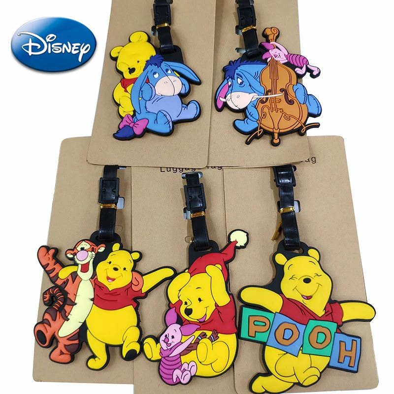 

Disney Pooh Bear Luggage Tags Cute Anime Figures Suitcase Tag PVC Baggage Holder Travel Airplane Accessories Label Bag Pendant