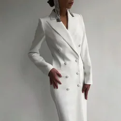 White Elegant Double Breasted Sashes Women Suit Dress  Autumn Simple Office Lapel Mid Long Sleeve Slim Waist Female Dress