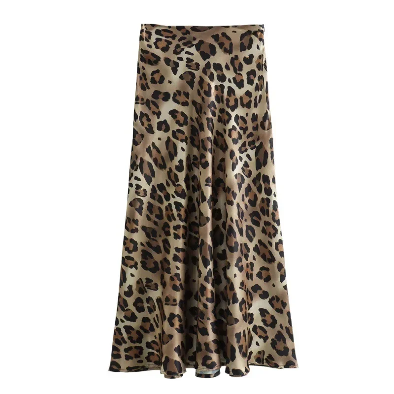 

New Leopard Print Skirt Women Vintage Midi Satin Skirt Woman Fashion High Waist Elegant Long Skirts for Women 2025 Summer Skirt