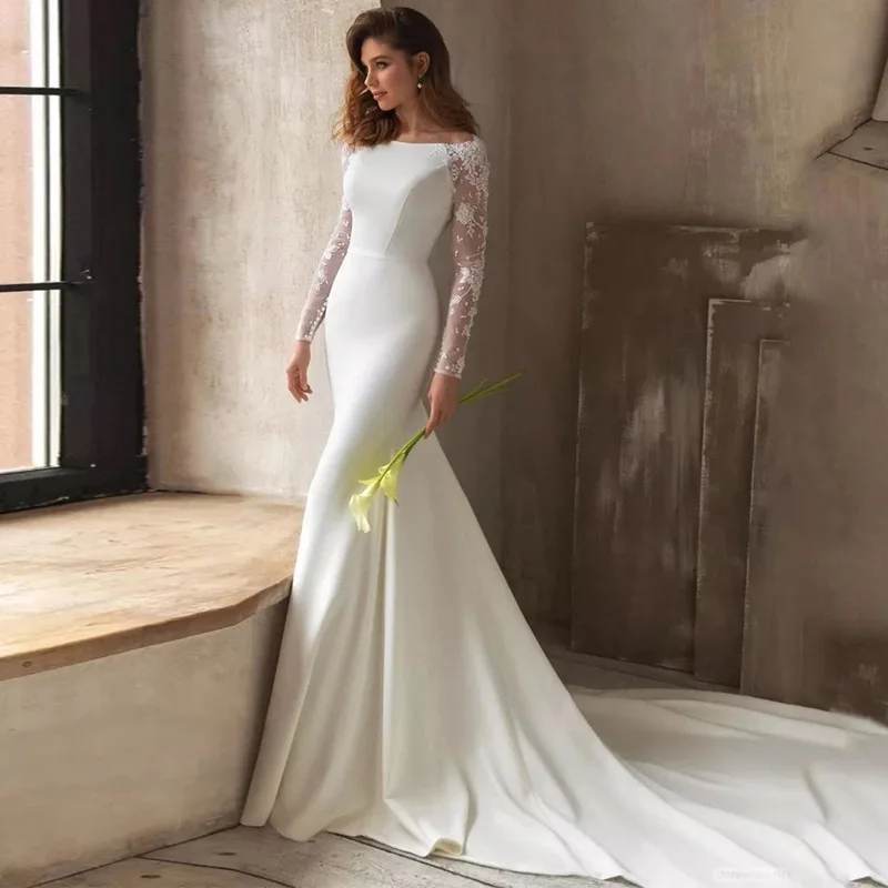 

Long-sleeved wedding dress spring and autumn new simple U-neck slim-fitting fishtail travel photography small trailing tail soft