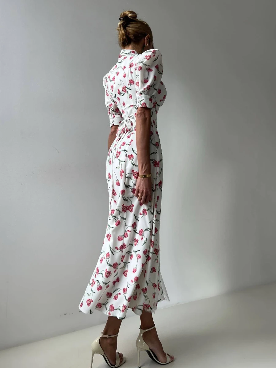 TWOTWINSTYLE 여성용 프렌치 꽃 프린트 드레스 옷깃 퍼프 슬리브 스플 라이스 컷 아웃 기질 하이 웨이스트 레이스 드레스 여성