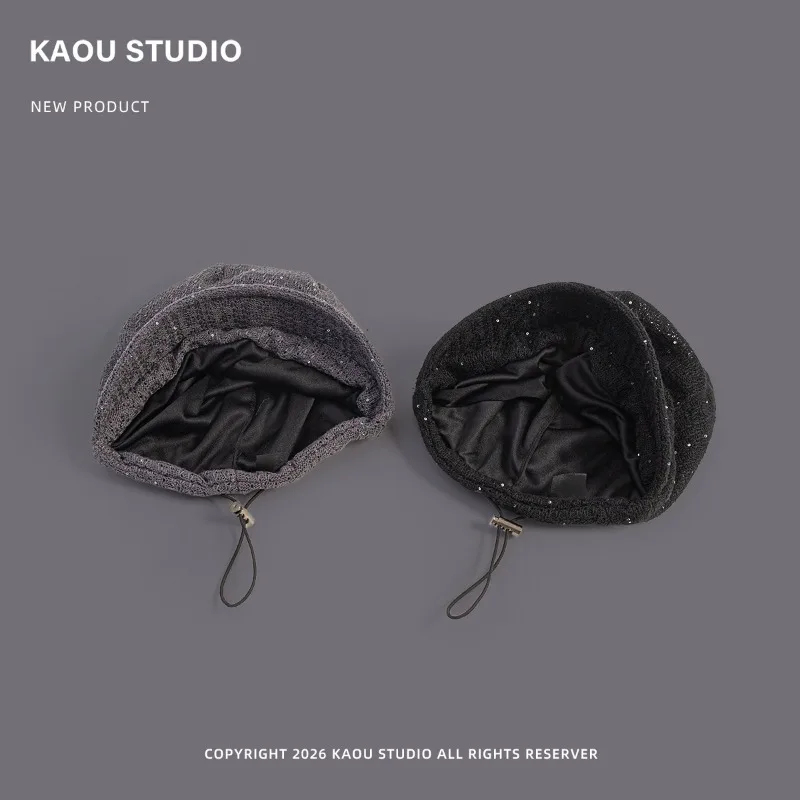 Koreanische Pailletten-Strickmütze für Damen, Herbst und Winter, vielseitig, lässiger Stil, mit Kordelzug und kurzer Krempe. – Detail 2